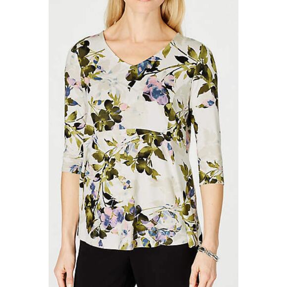 J. Jill Wearever Collection Floral Knit Top Womens XL Ivory Purple Babydoll - Picture 1 of 10